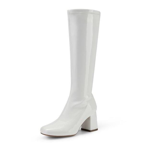 Desire Square Toe Chunky Knee High Gogo Boots - WHITE PATENT PU -  0